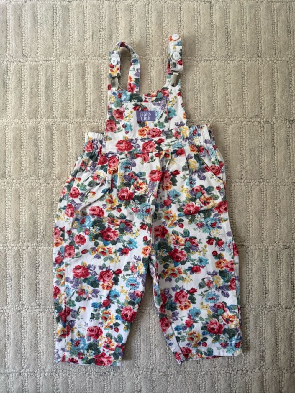 Kids Floral Cotton Overalls - White Background with Pink & Blue Roses